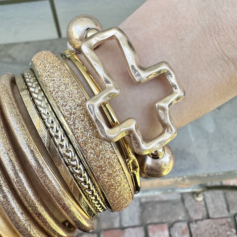 Gold Tone Bracelet Stack Mixed Material Metal Glitter Sparkle Matte Bangle Cross gallery