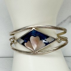 Vintage Alpaca Mexico Silver Tone Blue Pink MOP Flower Inlay Diamond Cuff