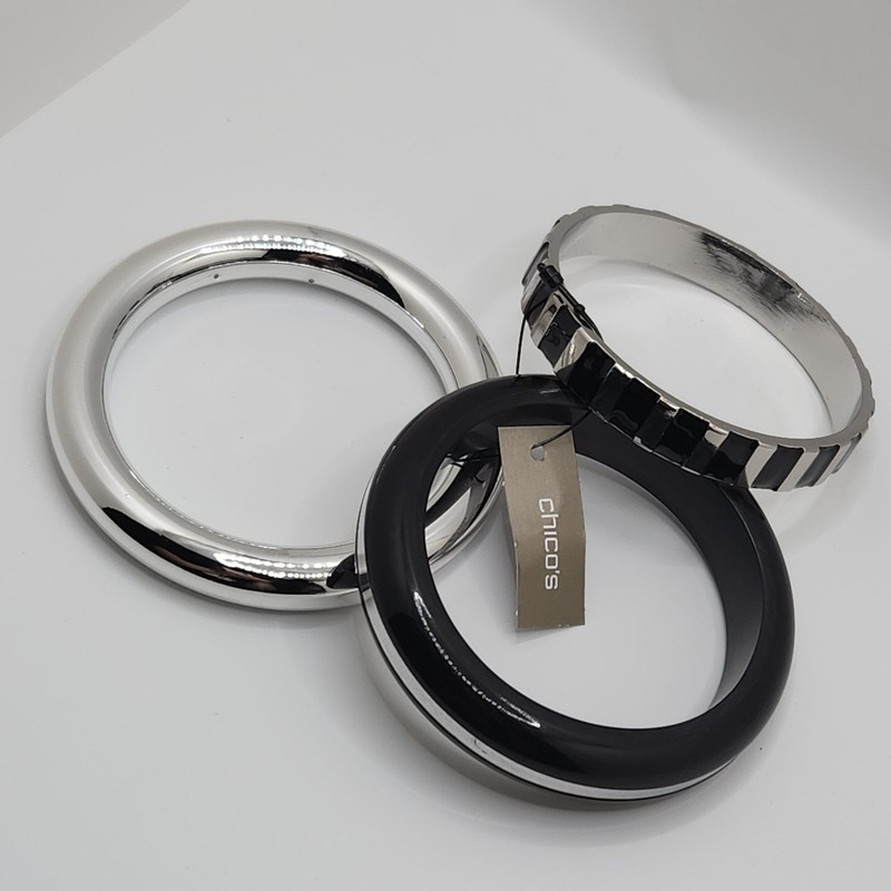 Bold Sculptural Bangle Bracelet Set 3 Piece Black Silver Tone Enamel Chicos MCM gallery