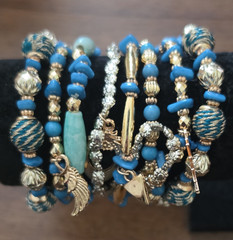 Blue Gold Beaded Multi-Strand Stack Bracelet Dangle Charms Rhinestone Accents