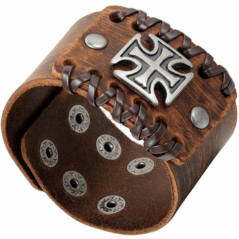 9.3" Men's Black Brown Wide Leather Bracelet Cuff w/ Silver Tone Cross New*44MM gallery