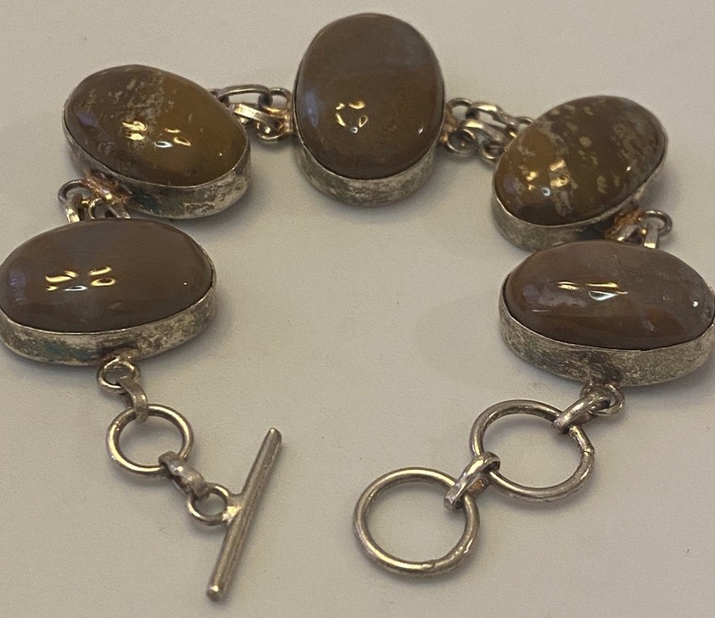 Silver Bezeled Polished Agate Linked Bohemian Bold Nature Earth Tone Bracelet gallery