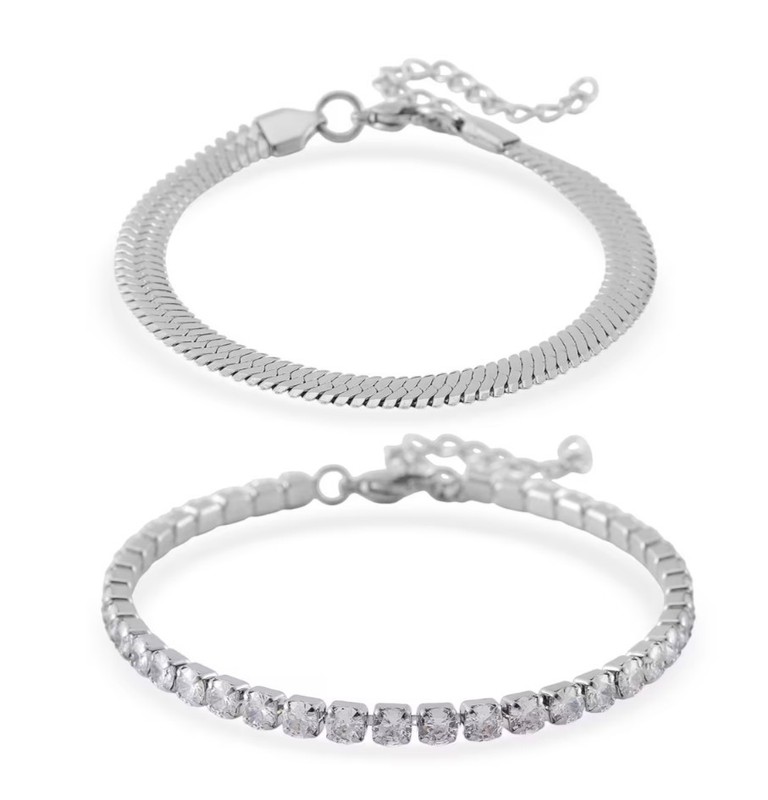 Pair of Simulated Diamond Tennis & Herringbone Bracelet Stainless Steel 7.50-9in gallery