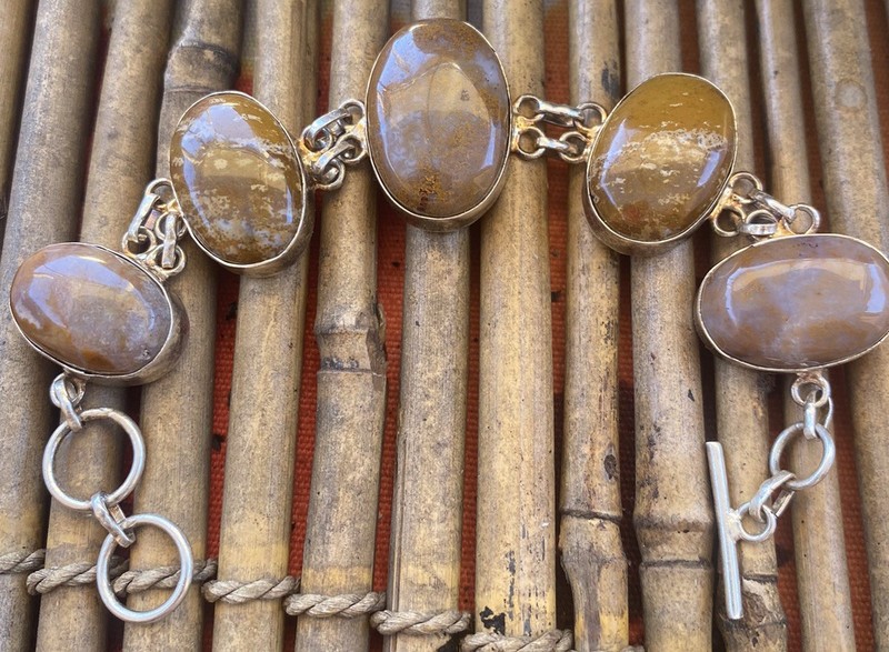 Silver Bezeled Polished Agate Linked Bohemian Bold Nature Earth Tone Bracelet gallery