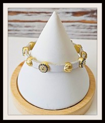 EVIL EYE CRYSTAL & HAMMERED GOLD SLIDERS BRACELET WHITE LEATHER MAGNETIC CLOSURE