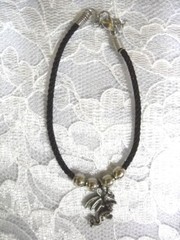DRAGON BRACELET BLACK CORD & BEADS 2 SIDED PEWTER CHARM BRACELET 6 – 8″