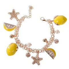 CUTE LEMON CHARM BRACELET Summer Fruit Bright Yellow Enamel NEW Star Rhinestones