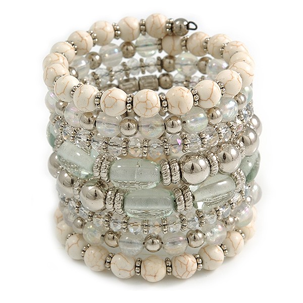 Wide Coiled Ceramic, Acrylic, Glass Bead Bracelet (White, Silver, Transparent) gallery