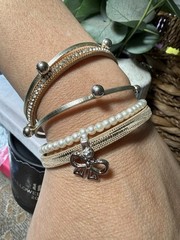Ryze Party Layered Wrap Bracelet – Pearls, Crystal Accent, Bow Charm, 7.5 in
