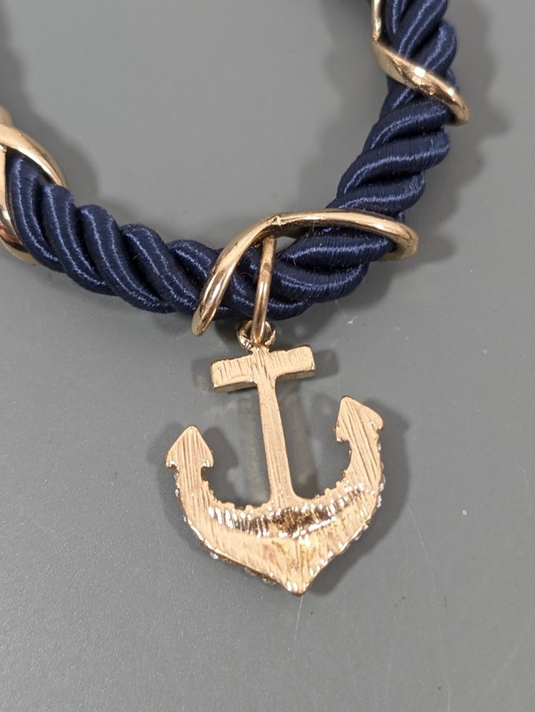 Nautical Coastal Blue Cord Gold Tone Anchor Pave Rhinestone Bracaelet 9 in gallery