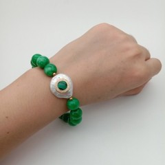 Green Jade White Coin Pearl Cz pave Malachite Stretch Bracelet