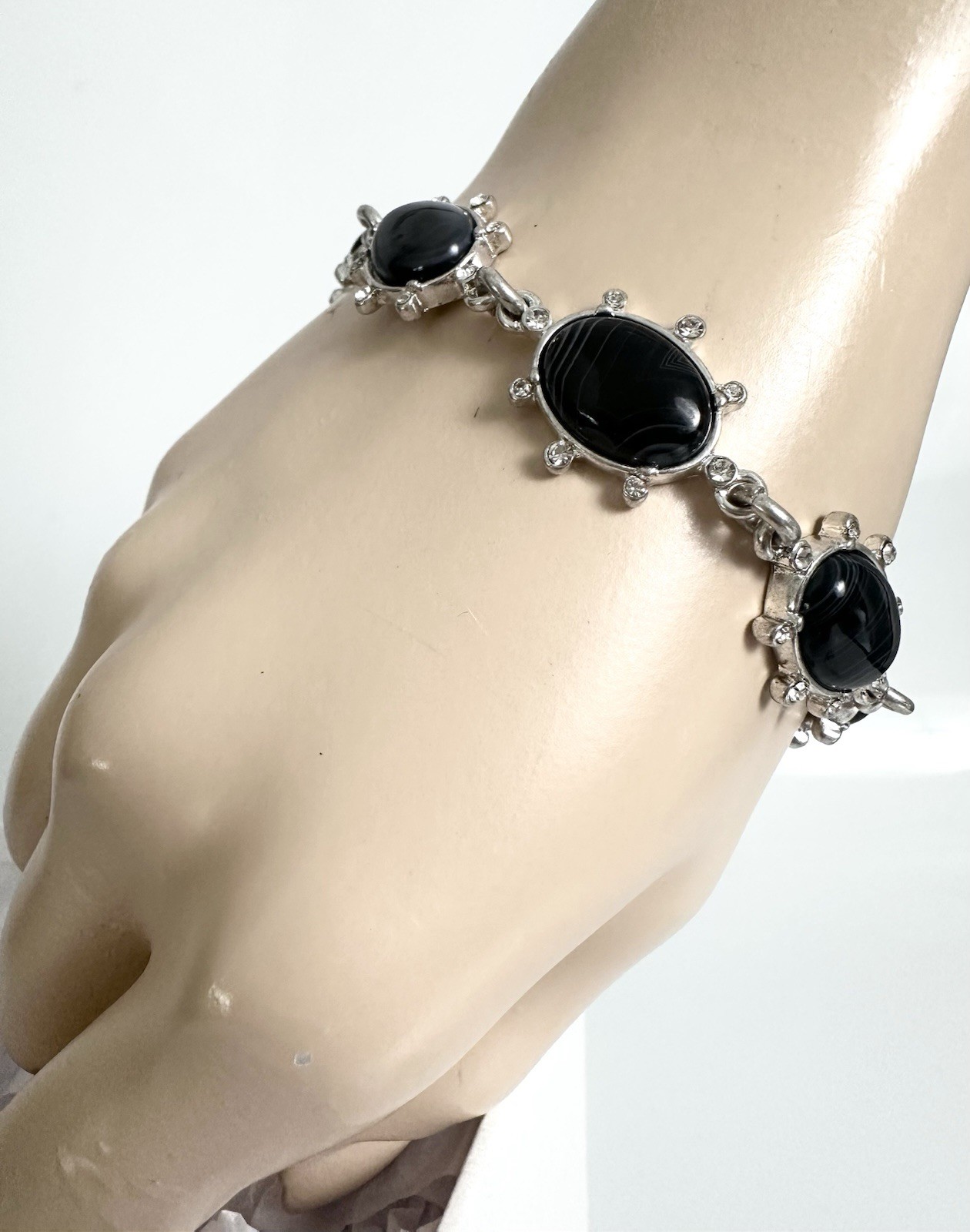 Lucky Brand Silver-Tone Black Agate Stone Pavé Flex Bracelet NWT gallery