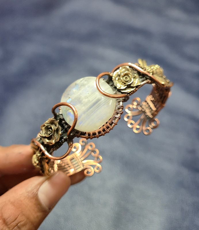 Rainbow Moonstone Copper Wire Wrapped Adjustable Cuff Bangle Statement Jewelry gallery