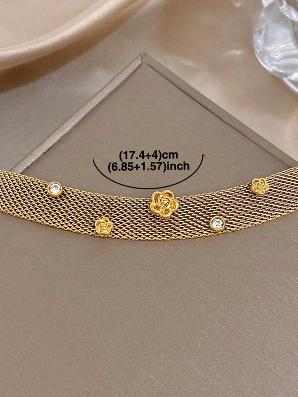 Gold Mesh Bracelet Rose Charm Crystal Accent Vintage Style Jewelry gallery