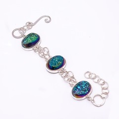 Peacock Titanium Agate Drusy 925 Sterling Silver Adjustable Bracelet 7.99″ B30