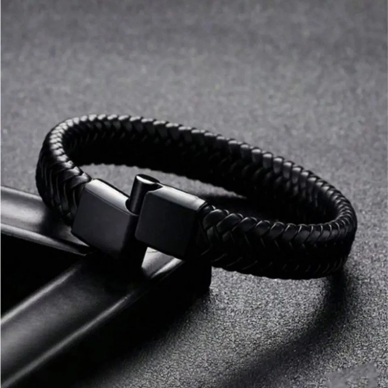 Black Bracelet Men's Braided Leather Bangle Stainless Steel Cuff Wristband USA gallery