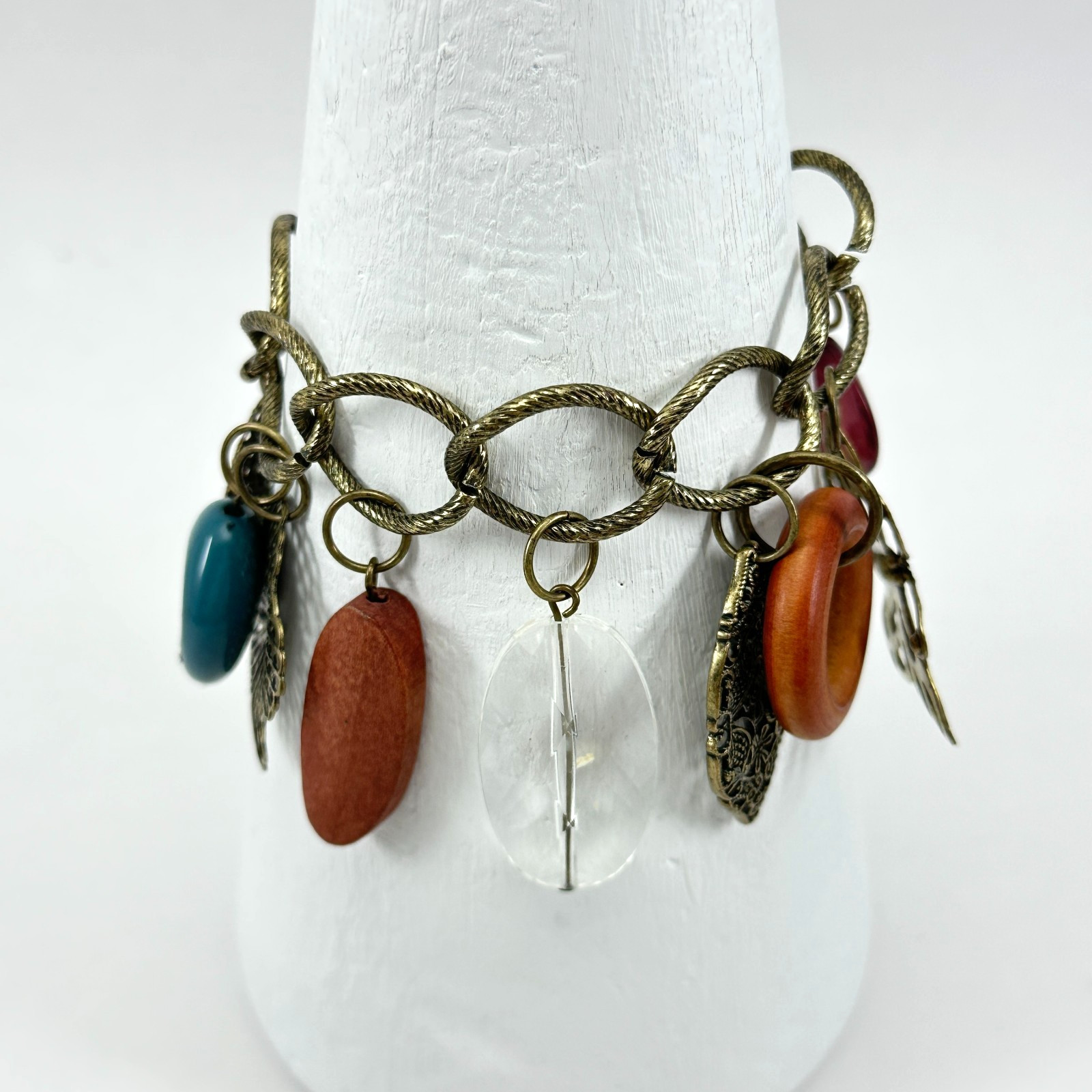 Bracelet Metal Plastic and Wood Dangling Charms on Chunky Curb Link Chain Vtg gallery