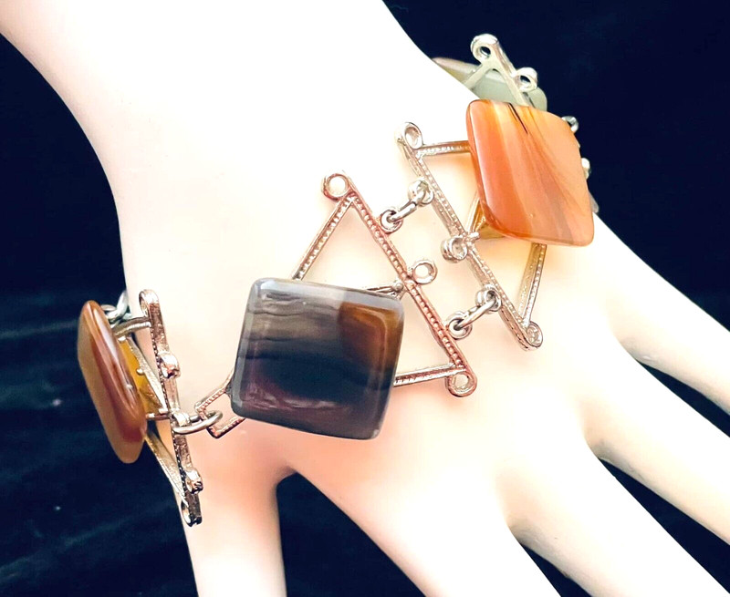 Polished Agate Rectangular Stones Bracelet Silver Tone Metal 7.5" Long Boho gallery
