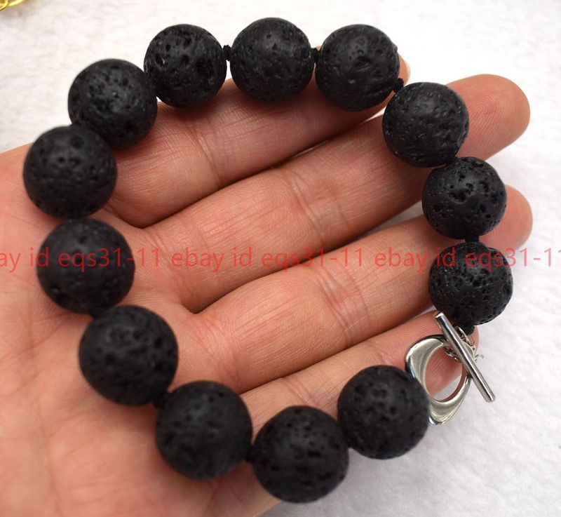 Pretty Large 10/12/14mm Black Lava Rock Round Gemstone Beads Bracelet 7.5'' gallery