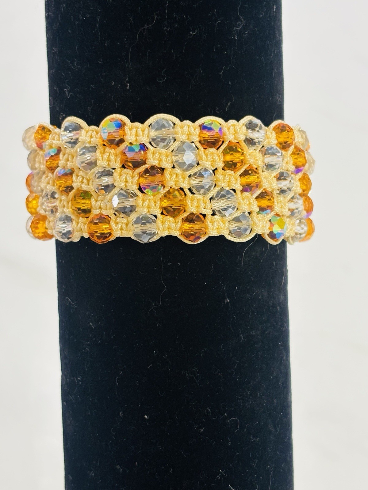 Handmade Wide Macrame Bracelet - 5-Row Orange & Clear Crystal Beads gallery