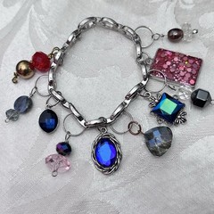 Charm Bracelet Repurposed Silver Chain Link 7 Dangle Colorful Beads Stones 4343