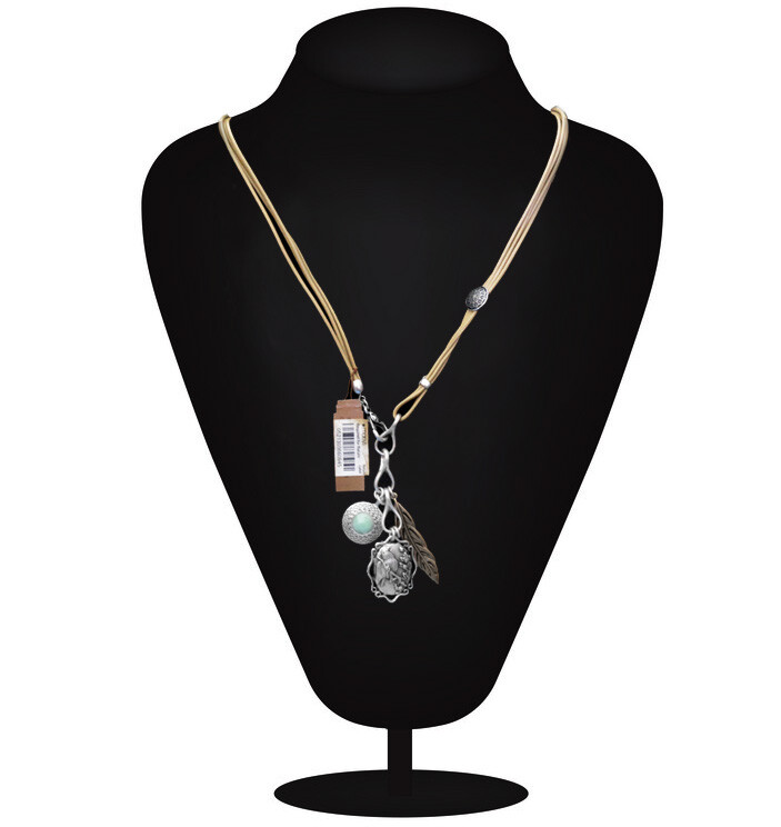 NWT LUCKY BRAND Leather Necklace Bird Feather and medallion Pendant NEW $45 gallery
