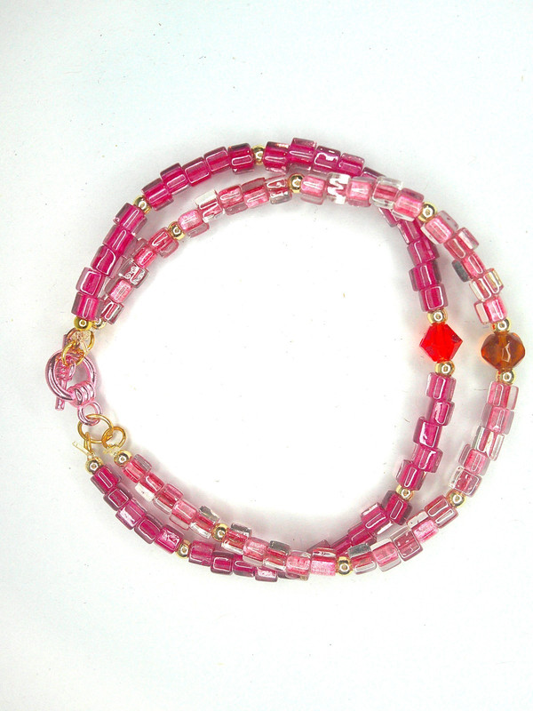 Pink Glass Beaded Bracelet Handmade Double Strand Modern 8 in Two tone gallery
