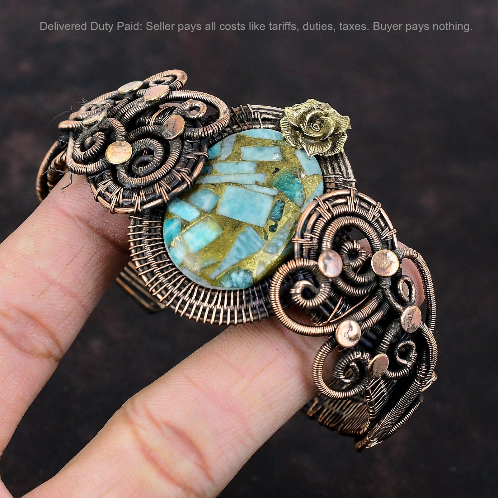 Copper Oval Copper Amazonite Gemstone Mother New Wire Wrapped Flower Bangle Cuff gallery
