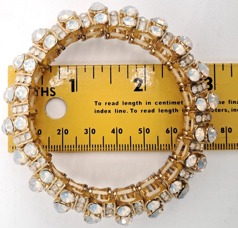Gold Tone Faux Opal Cabochon Stretch Bangle Bracelet Blingy Statement Art Deco gallery