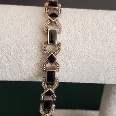 Unbranded Marcasite Tennis Bracelet Faux Black Onyx Silver Tone Setting Classic