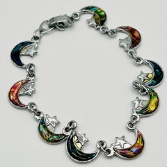 Celestial Moon Star Bracelet Iridescent Rainbow Silver Tone Charm 7 Inch