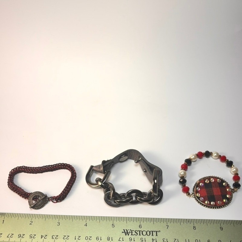 Bracelet Set Y2K Goth Punk Grunge Red Black Plaid Chainmail Leather Strap 3pc gallery