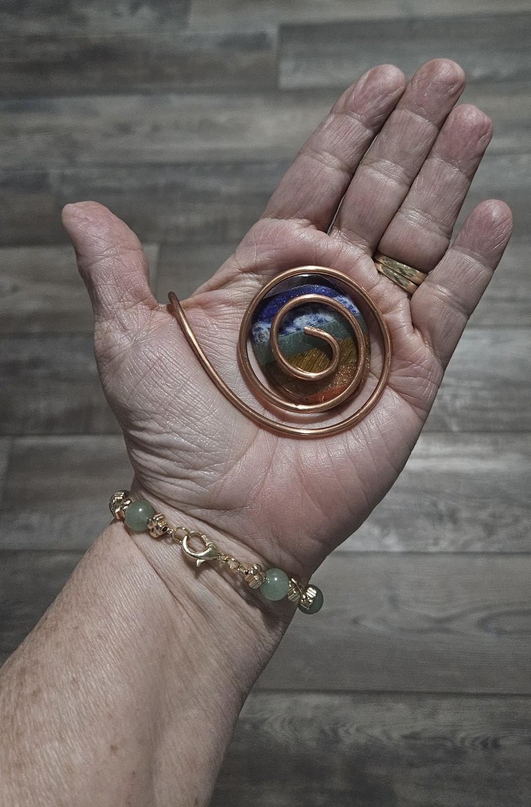 Handmade Copper Wire Spiral Palm Cuff with Chakra Worry Stone – Meditation Set gallery