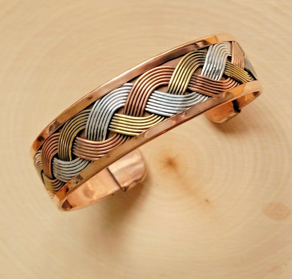 Solid Copper Tricolor Cuffed Health Bracelet - Copper Bracelet Braided