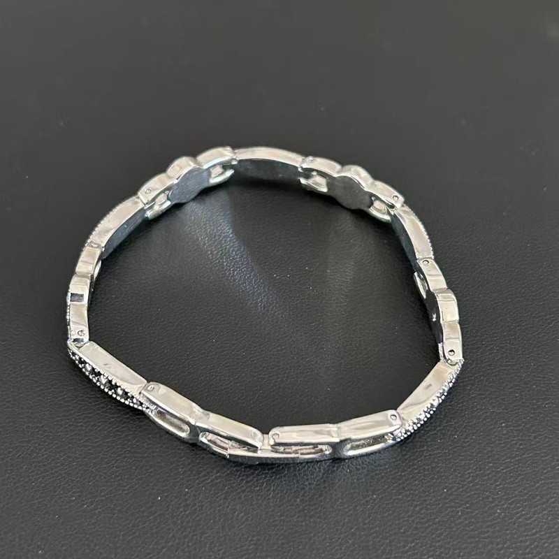 Vintage Style Silver Tone Geometric Link Bracelet Art Deco Black Textured Metal gallery