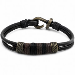 Men’s Black Leather Wrap Bracelet Bronze Tone Hook Clasp Boho Cuff
