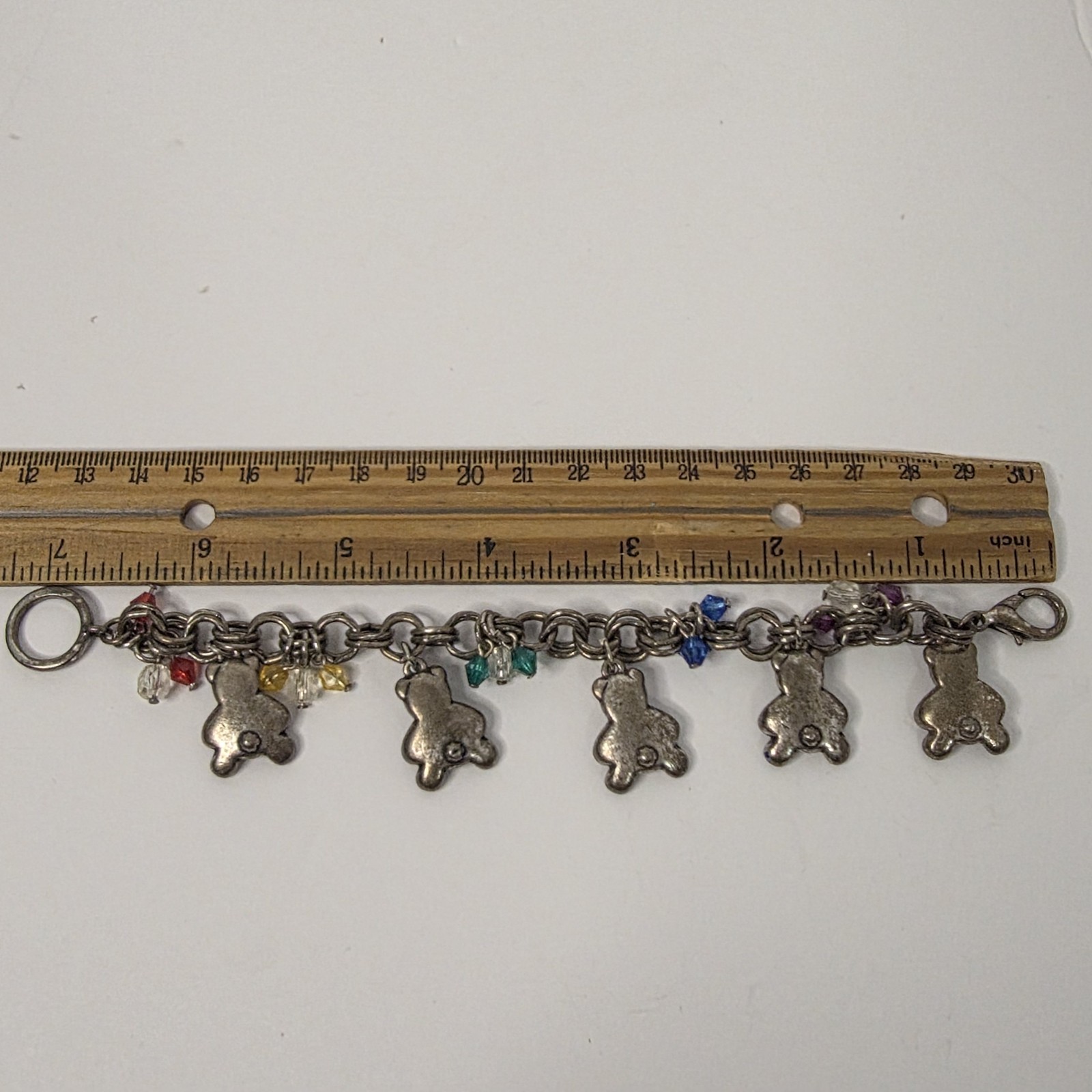 Teddy Bear Charm Bracelet Silver Tone Rhinestone Bear Bead Dangle 7in gallery