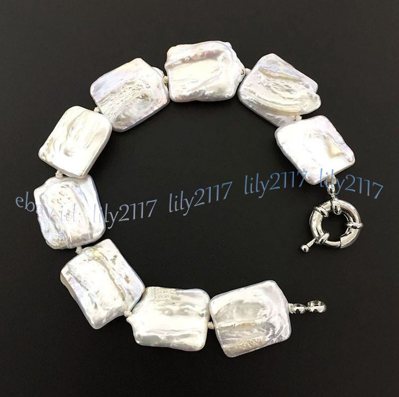 Natural White Rectangle Square Freshwater Baroque Pearl Bracelet 8inch 15x20mm gallery
