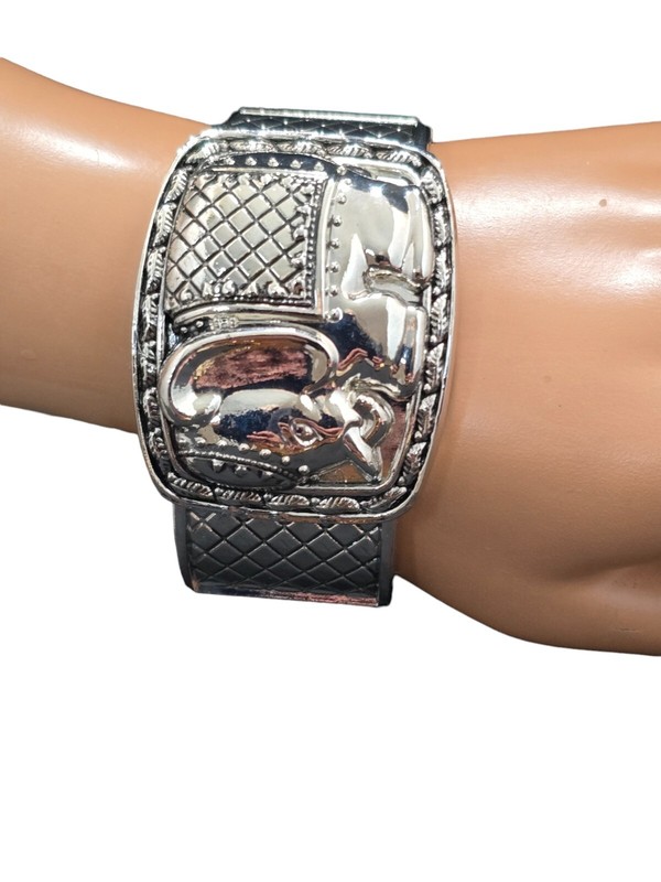 Women's Elephant Silver Plated Wide Statement Bangle Bracelet NWOT gallery