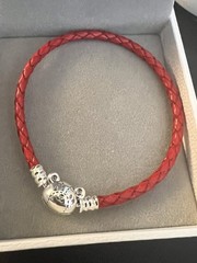 925 Sterling Silver Teddy Bear Red Leather Bracelet, Cute Animal Size 7.5