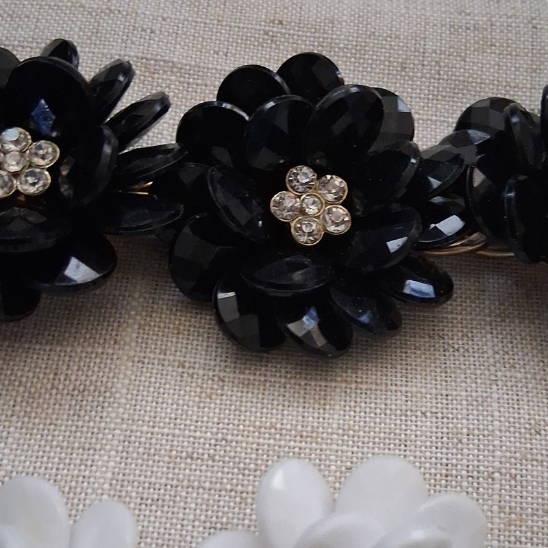 Gold Tone Curb Chain Charm Bracelets, Black & White Flower, Clear Crystals gallery