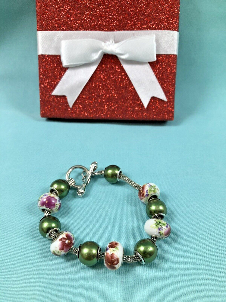 Floral Painted Porcelain Bead Silver Charm Bracelet New In Gift Box