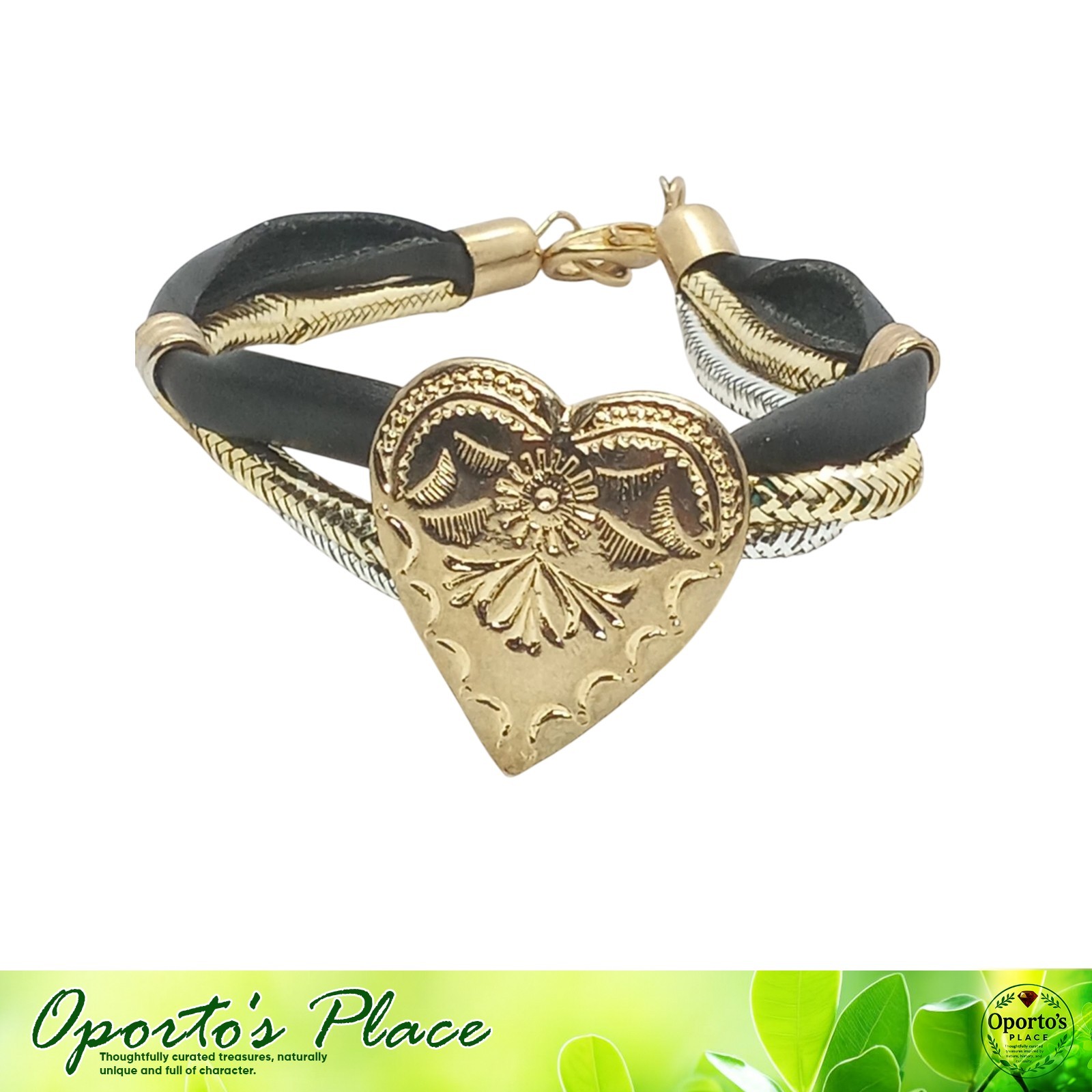 Gold Tone Heart Bracelet Black and Silver Wrap Bands Fashion Jewelry gallery