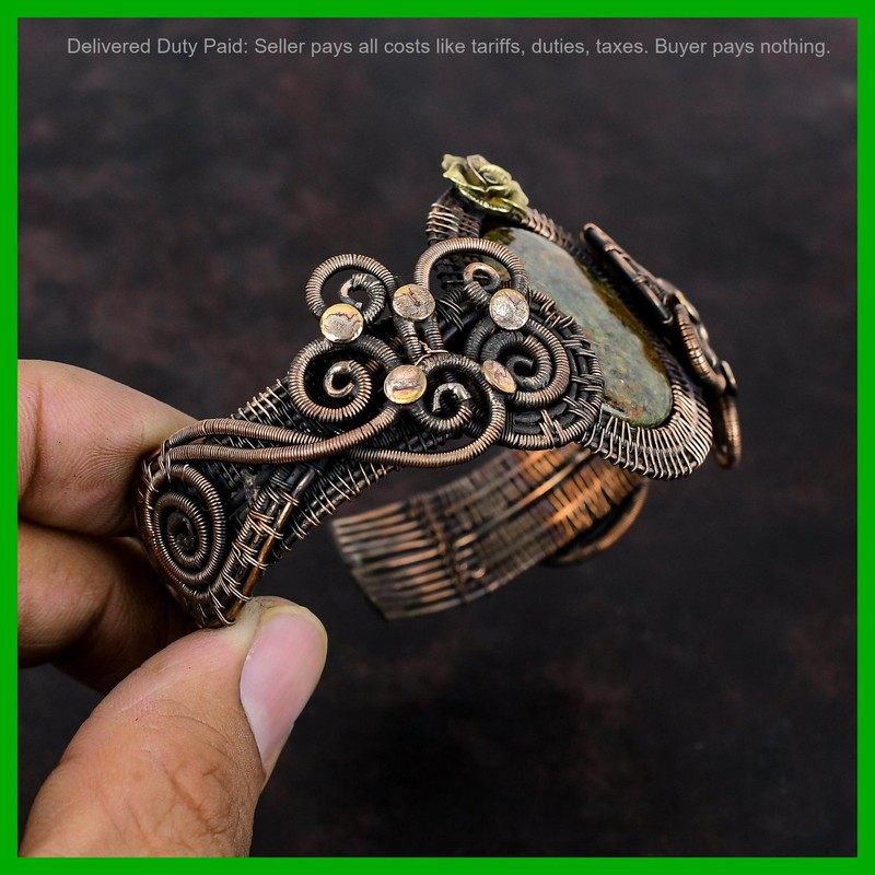 Copper Natural Spessartine Garnet in Limestone Wire Wrapped Flower Ethnic Cuff gallery