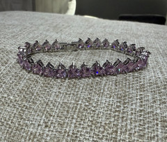 Silver Tone Tennis Bracelet, Purple Heart Crystal Stones, Box Clasp Closure