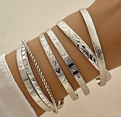 Silver Tone 7 pcs Stackable Bangle Cuff Bracelets, Twisted Metal, Open Cuff