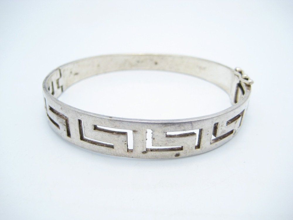 Sterling Silver 11.2mm Greek Key Cutout Design Hinged Cuff Bracelet