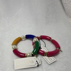 CANVAS Multicolor Beaded Stretch Bracelets w/ Faux Pearl Beads Set of 2 7in