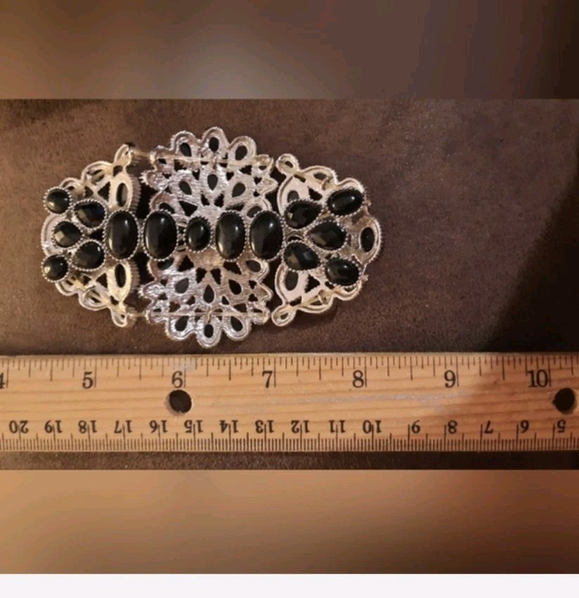 Ornate Dark Gothic Statement Bracelet Stretchy Black And Dark Blue Silvertone... gallery