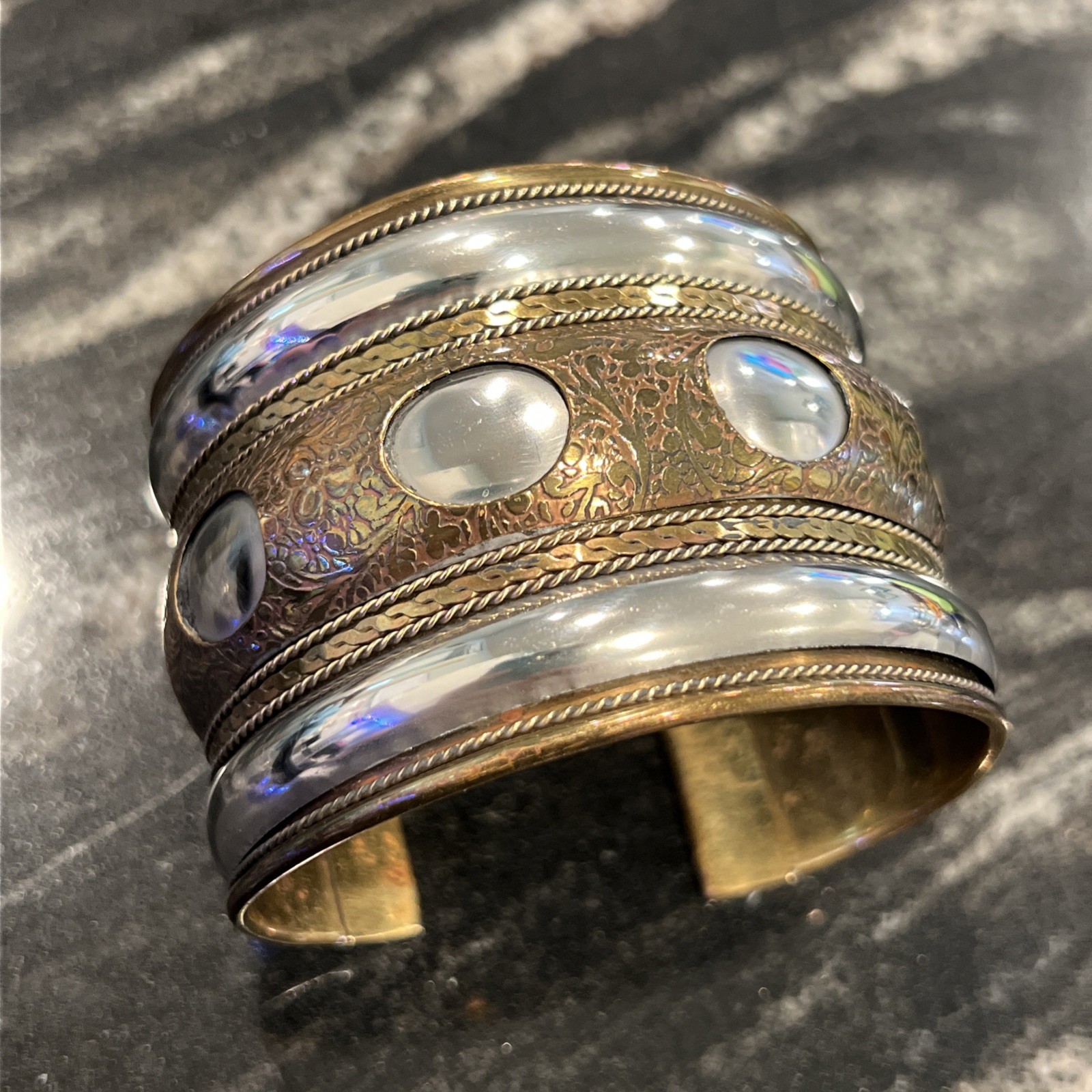 Vintage Mixed Metal Cuff Bracelet Brass Copper 2" Wide Bohemian Tribal Turkish gallery